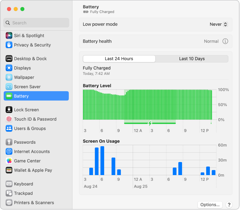 „Battery Settings“ lange rodoma vėliausių dešimties dienų energijos naudojimo informacija. Lange taip pat rodoma, kad akumuliatoriaus būsena yra normali, ir galima įjungti „Low Power Mode“.