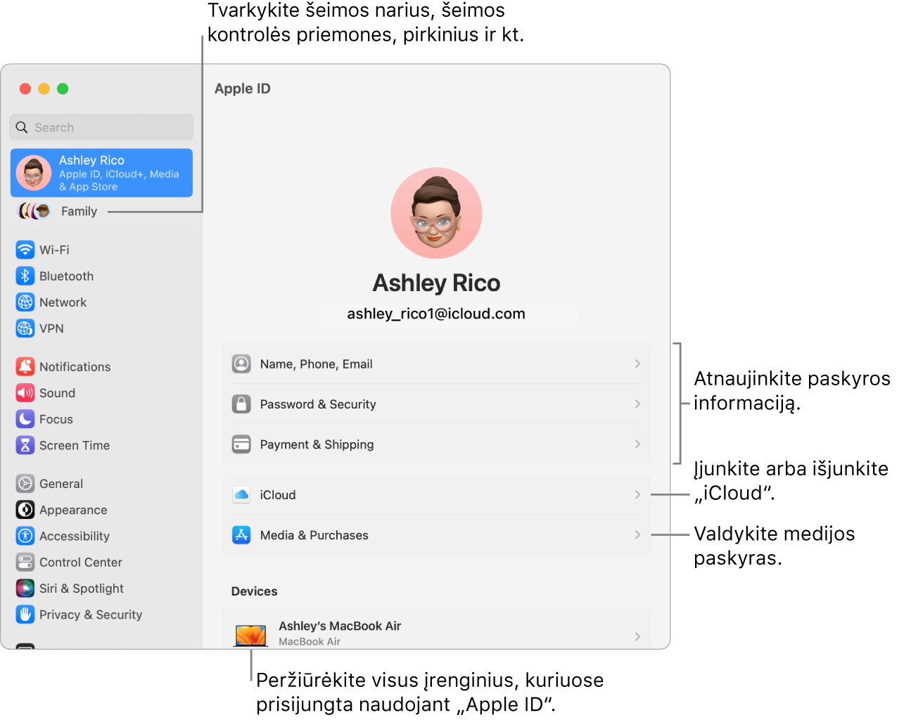 Skiltyje „System Settings“ pateikiami „Apple ID“ nustatymai su šaukiniais, skirtais atnaujinti paskyros informaciją, įjungti arba išjungti „iCloud“ funkcijas, tvarkyti medijos paskyras, ir „Family“, kur galite tvarkyti šeimos narius, tėvų kontrolę, pirkinius ir kt.