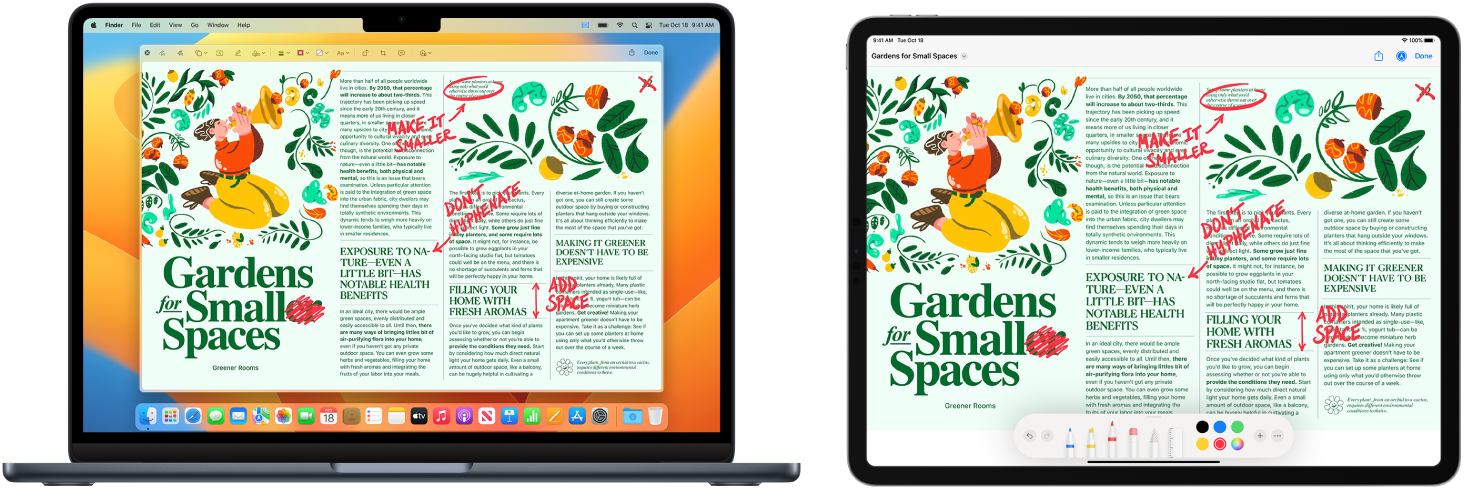 „MacBook Air“ ir „iPad“, padėti vienas šalia kito. Abiejuose ekranuose rodomas ranka suredaguotas straipsnis, redagavimas pateikiamas raudona spalva: išbraukti sakiniai, nubrėžtos rodyklės ir įtraukti žodžiai. „iPad“ ekrano apačioje taip pat pateikiami ženklinimo valdikliai.