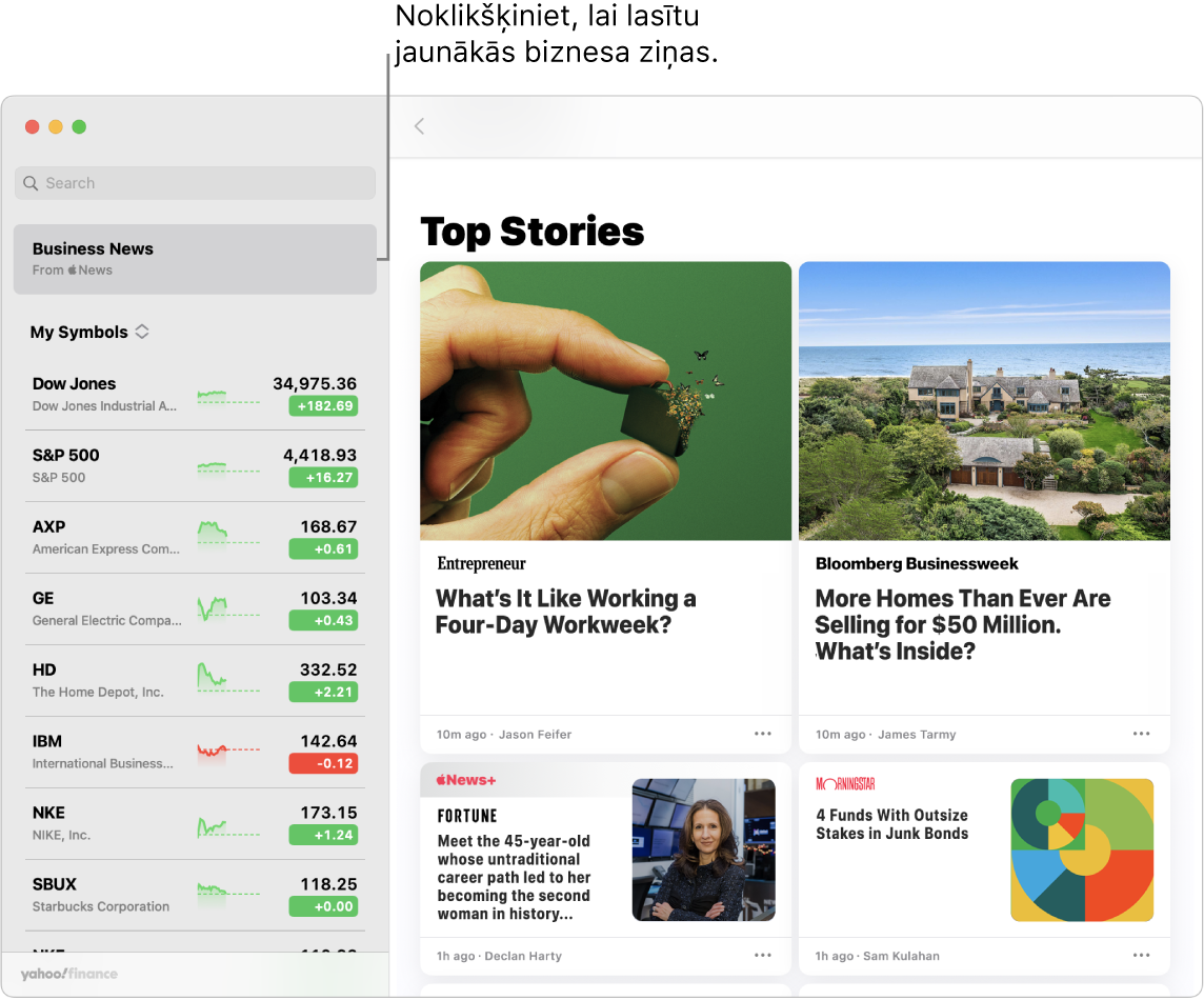 Lietotnes Stocks informācijas panelis ar tirgus cenām skatīšanas sarakstā un atbilstošajiem Top Stories.