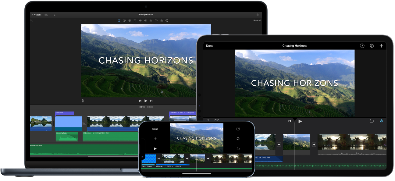 MacBook Air datorā, iPad ierīcē un iPhone tālrunī parādīts identisks saturs.
