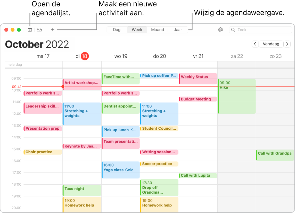 Een Agenda-venster waarin wordt aangegeven hoe je de agendalijst weergeeft, een activiteit aanmaakt en de dag-, week-, maand- of jaarweergave kiest.