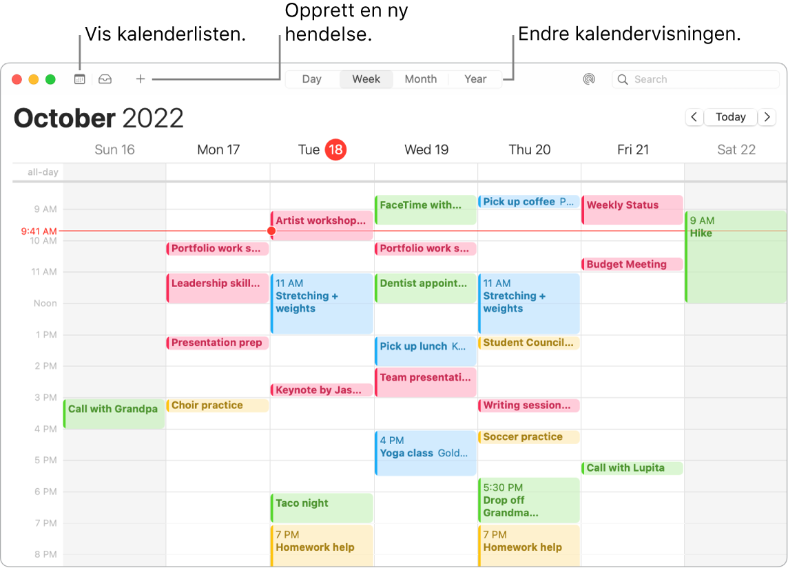 Et Kalender-vindu som viser kalenderlisten, hvordan du oppretter en hendelse, og hvordan du velger dag-, ukes-, måneds- eller årsvisning.