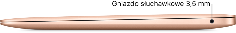 MacBook Air widziany z prawej strony. Na ilustracji widoczne są objaśnienia gniazda słuchawek 3,5 mm.