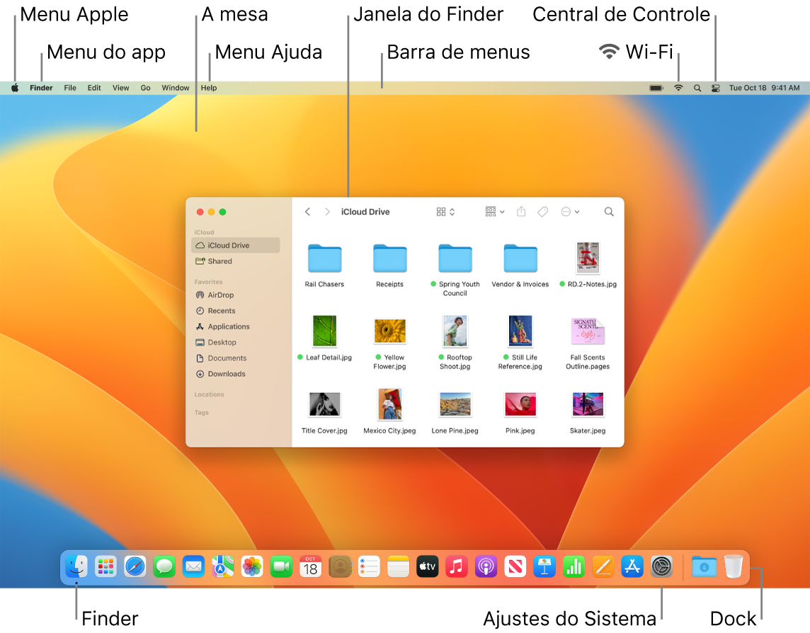 Tela do Mac mostrando o menu Apple, o menu do app, a mesa, o menu Ajuda, uma janela do Finder, a barra de menus, o ícone de Wi-Fi, o ícone da Central de Controle, o ícone do Finder, o ícone dos Ajustes do Sistema e o Dock.