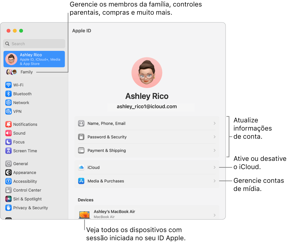 Ajustes do ID Apple nos Ajustes do Sistema com chamadas para atualizar informações da conta, ativar ou desativar recursos do iCloud, gerenciar contas de mídia, e Família, onde você pode gerenciar membros da família, controles parentais, compras, dentre outros.
