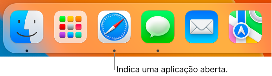 Uma parte da Dock a mostrar pontos pretos por baixo das aplicações abertas.