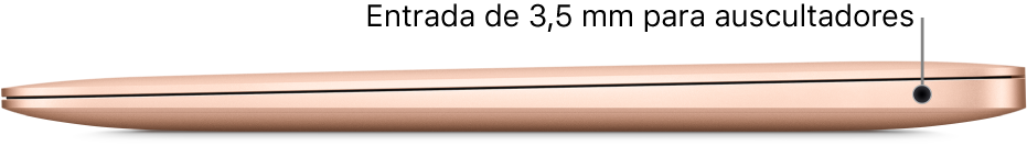 Vista do lado direito de um MacBook Air, com uma chamada para a ficha de 3,5 mm para auscultadores.