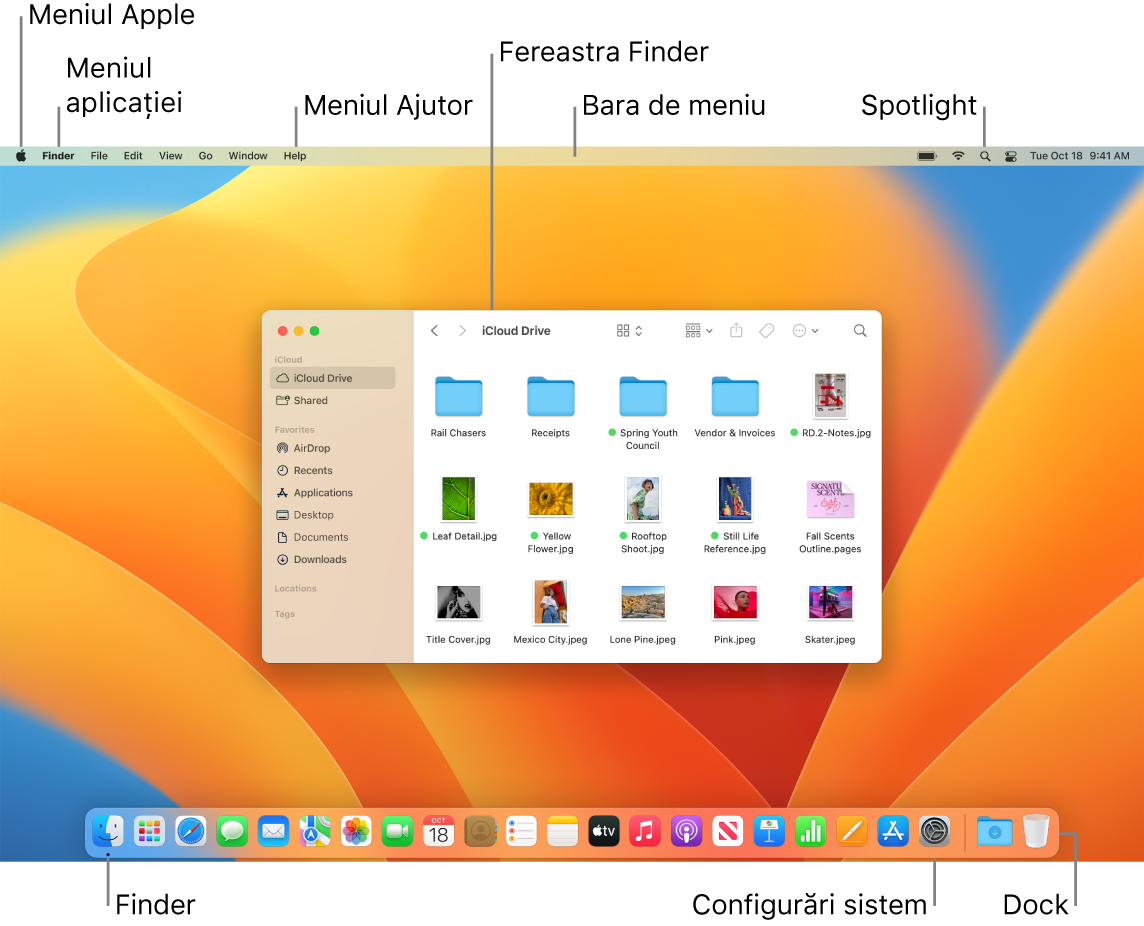 Un ecran Mac afișând meniul Apple, meniul Aplicații, meniul Ajutor, o fereastră Finder, bara de meniu, pictograma Spotlight, pictograma Finder, pictograma Configurări sistem și Dock-ul.