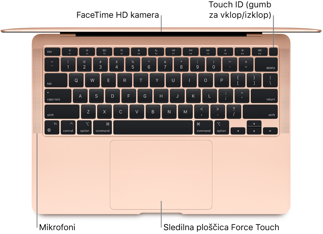 Pogled od zgoraj na odprt računalnik MacBook Air s poudarjeno kamero FaceTime HD, Touch ID (gumb za vklop/izklop), mikrofoni in sledilno ploščico Force Touch.