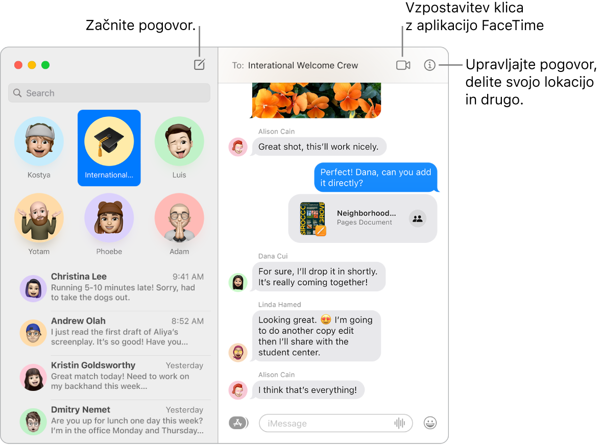 Okno aplikacije Messages, v katerem je prikazano, kako začeti pogovor in kako vzpostaviti klic FaceTime.