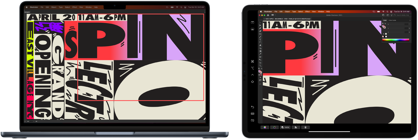 En MacBook Air och en iPad sida vid sida. MacBook Air visar konst i navigatorfönstret i Illustrator. iPad visar samma konst i dokumentfönstret med verktygsfält runtom i Illustrator.