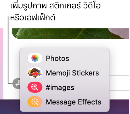 เมนูแอปที่มีตัวเลือกสำหรับการแสดงรูปภาพ, สติกเกอร์ Memoji, GIF และเอฟเฟ็กต์ข้อความ