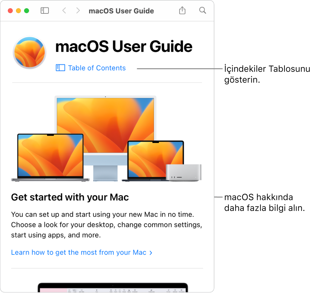 İçindekiler bağlantısını gösteren macOS Kullanma Kılavuzu hoş geldiniz sayfası.