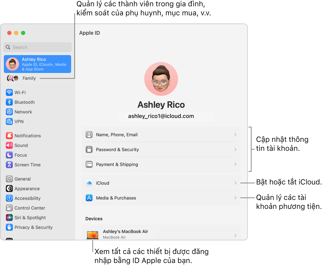 Cài đặt ID Apple trong Cài đặt hệ thống với các chú thích để cập nhật thông tin tài khoản, bật hoặc tắt các tính năng iCloud, quản lý các tài khoản phương tiện và Gia đình, là nơi bạn có thể quản lý các thành viên gia đình, kiểm soát của phụ huynh, mục mua, v.v.