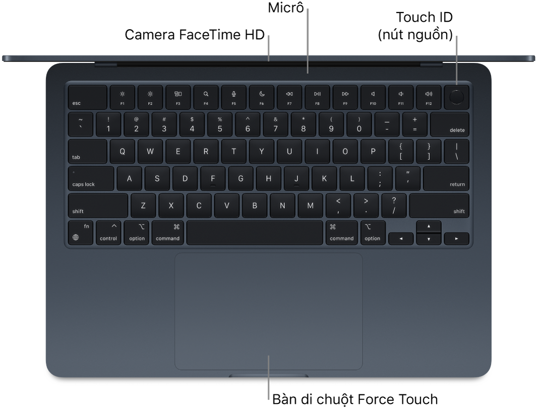 Một MacBook Air đang mở, nhìn từ phía trên, với các chú thích đến camera FaceTime HD, các micrô, Touch ID (nút nguồn) và bàn di chuột Force Touch.