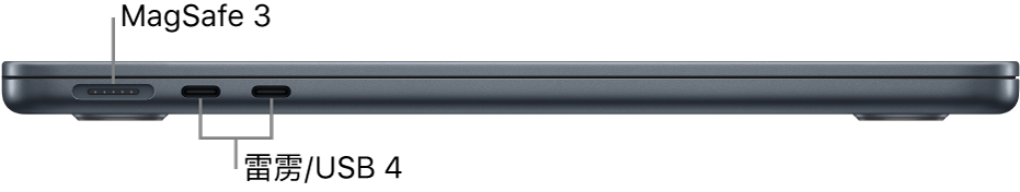MacBook Air 的左侧视图，标注了 MagSafe 3 和雷雳/USB 4 端口。