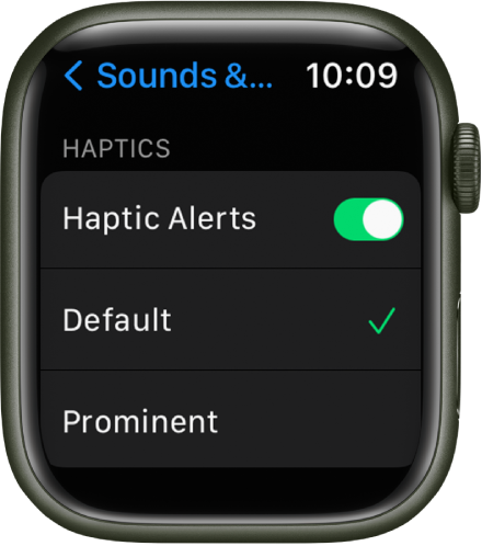 إعدادات الأصوات والحس اللمسي على Apple Watch، مع ظهور خيارات مفتاح التنبيهات اللمسية وافتراضي وبارز أدناه.