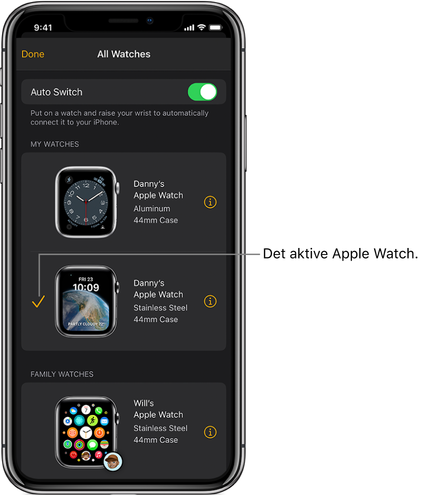 På skærmen Alle ure i appen Watch viser et hak det aktive Apple Watch.