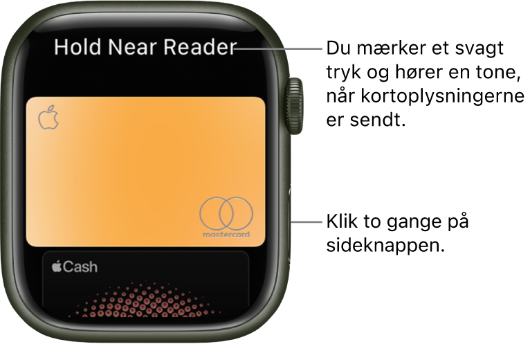 Skærmen Apple Pay med “Hold tæt på læser” øverst. Du mærker et svagt prik og hører et bip, når kortoplysningerne er sendt.