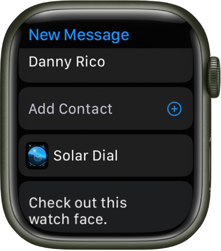 Apple Watch-skærmen, der viser en besked med deling af urskiven med modtagerens navn øverst. Nedenfor er knappen Tilføj kontakt, navnet på urskiven og en besked med teksten "Se denne urskive".