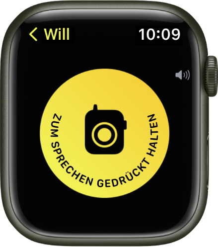 Die App „Walkie-Talkie“ mit der großen Taste „Jetzt sprechen“ in der Mitte. Auf der Sprechtaste steht: „Zum Sprechen gedrückt halten“.