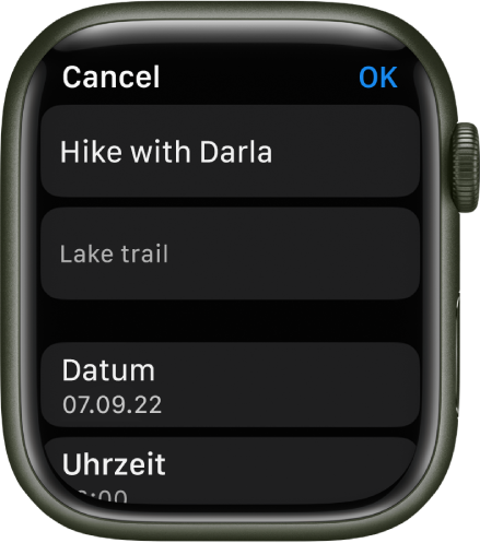Die Anzeige zum Bearbeiten in der App „Erinnerungen“ auf der Apple Watch. Oben befindet sich der Name der Erinnerung, darunter eine Beschreibung. Unten sind Datum und Uhrzeit für die geplante Anzeige der Erinnerung zu sehen. Oben rechts befindet sich die Taste „Fertig“.