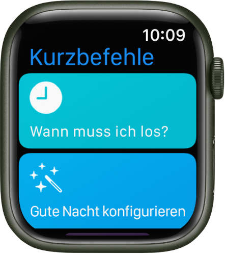 Die App „Kurzbefehle“ auf der Apple Watch zeigt zwei Kurzbefehle – „Wann muss ich los?“ und „Gute Nacht“.