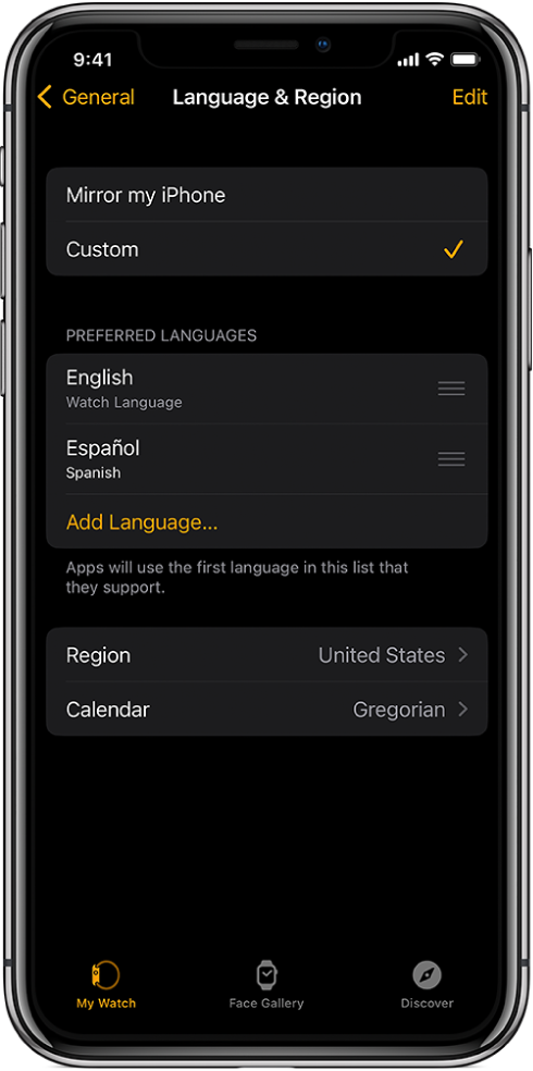 Η οθόνη «Γλώσσα και περιοχή» στην εφαρμογή Apple Watch, όπου εμφανίζονται τα Αγγλικά και τα Ισπανικά κάτω από τις Προτιμώμενες γλώσσες.