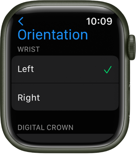 Η οθόνη «Προσανατολισμός» στο Apple Watch. Μπορείτε να ορίσετε τις προτιμήσεις σας για τον καρπό και το Digital Crown.