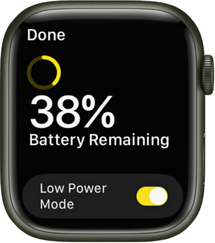 The Low Power Mode screen show a partial yellow ring indicating remaining charge, the words 38 percent Battery Remaining, and the Low Power Mode button at the bottom.