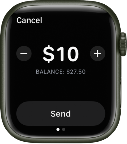 A Messages screen showing an Apple Cash payment being prepared. A dollar amount is at the top. The current balance is below, and the Send button is at the bottom.