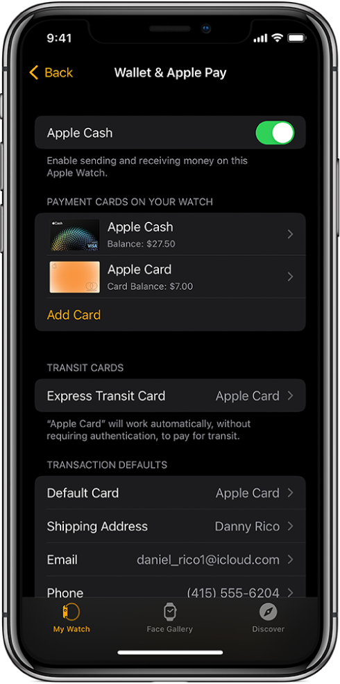 The Wallet & Apple Pay screen in the Apple Watch app on iPhone. The screen shows cards added to Apple Watch, the card you’ve chosen to use for express transit, and transaction defaults settings.