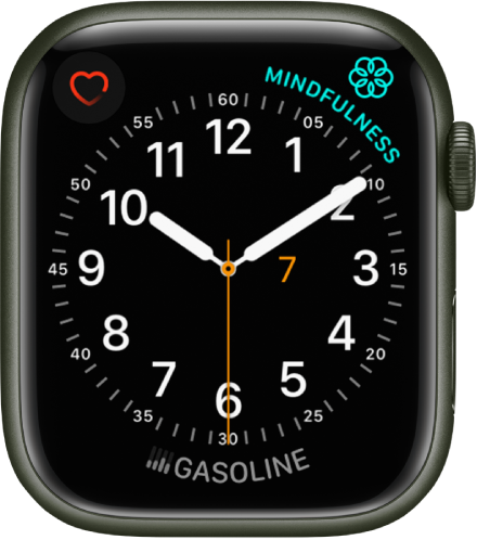 The Utility watch face, where you can adjust the color of the second hand and adjust the numbering and detail of the dial. Three complications appear: Heart Rate at the top left, Mindfulness at the top right, and Music at the bottom.