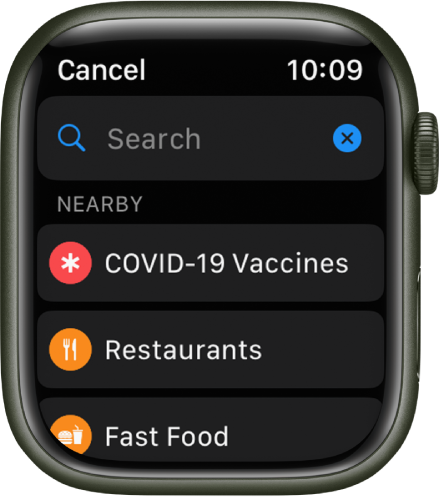 The Maps app Search screen showing the Search field near the top. Under Nearby are buttons for COVID-19 vaccines, restaurants, and fast food.