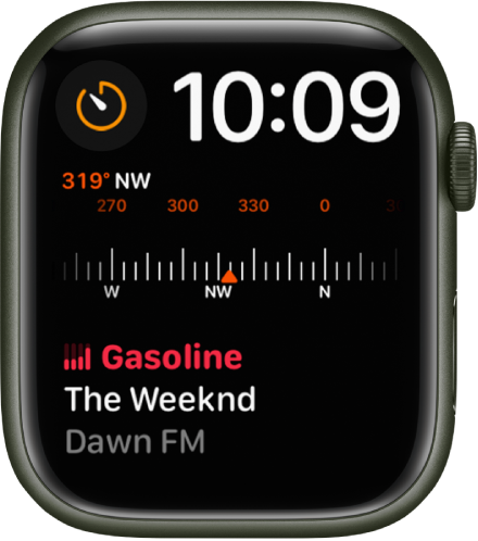 The Modular watch face, where you can adjust the color of the watch face. It shows the time near the top, the Timers complication at the top left, the Compass Heading complication in the middle, and the Music complication on the bottom.