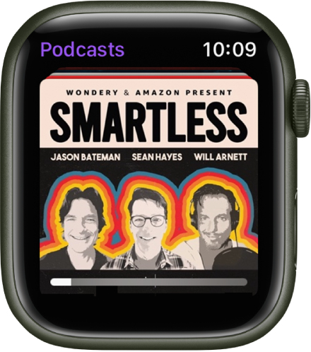 The Podcasts app on Apple Watch shows podcast artwork. Tap the artwork to play the episode.