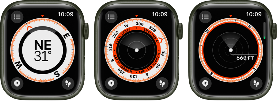 The Compass app, showing the views that appear as you turn the Digital Crown. The first image shows your bearing. The second screen shows your elevation, incline, and coordinates in an inner ring. The third screen shows waypoints. Each screen shows the Details button at the top left, the Waypoints button at the bottom left, and the Trackback button at the bottom right.