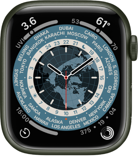 The World Time watch face showing an analog clock. In the middle is a map of the globe, showing day and night. Numbers and city names appear around the dial, indicating the time in each location. There are complications in each corner: UV Index at the top left, Weather Temperature at the top right, Timers at the bottom left, and Activity at the bottom right.