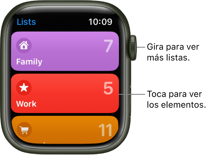 La pantalla Listas de la app Recordatorios mostrando tres botones de listas: Familia, Trabajo y Compras. Los números de la derecha indican cuántos recordatorios hay en cada lista. Toca una lista para ver sus elementos o gira la corona Digital Crown para ver más listas.