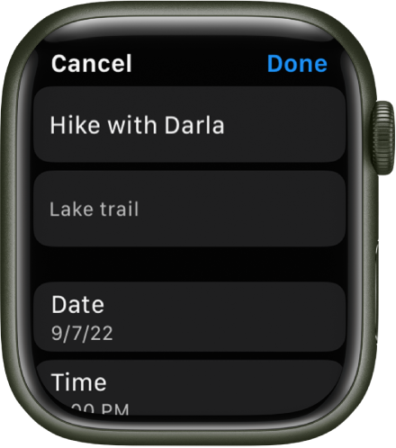 La pantalla Edición en la app Recordatorios en el Apple Watch. El nombre del recordatorio está en la parte superior con una descripción abajo. En la parte inferior está la fecha y el horario en que está programado aparecer el recordatorio. Hay un botón Listo en la esquina superior derecha.