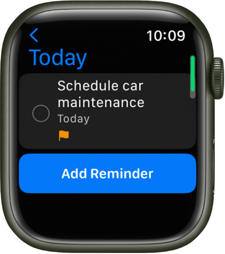 La app Recordatorios muestra un recordatorio en la lista Hoy. Cerca de la parte superior de la pantalla se encuentra el recordatorio y debajo de este está el botón Agregar recordatorio.