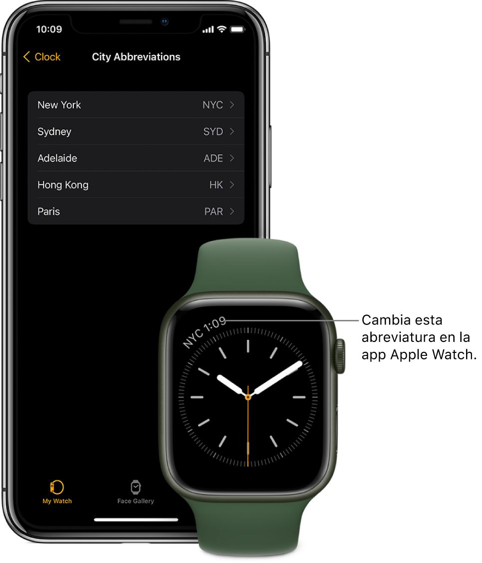 Un iPhone y un Apple Watch lado a lado. La pantalla del Apple Watch muestra la hora de la ciudad de Nueva York, usando la abreviatura NYC. La pantalla del iPhone muestra la lista de ciudades en la configuración Abreviaturas de ciudades, en la configuración Reloj en la app Apple Watch en iPhone.