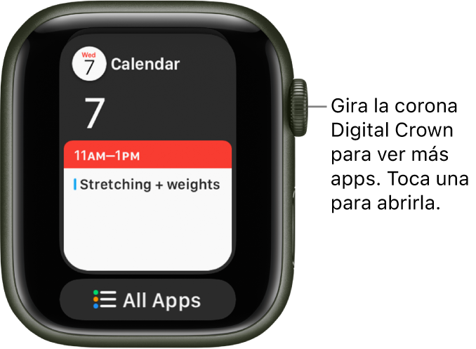 El Dock mostrando la app Calendario con el botón Todas las apps debajo. Gira la corona Digital Crown para ver más apps. Toca una para abrirla.