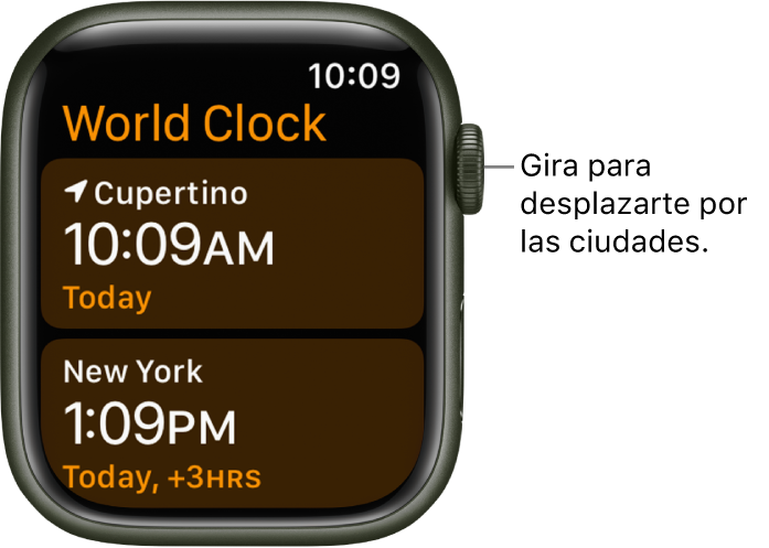 La app Reloj Mundial con una lista de ciudades y la barra de desplazamiento.