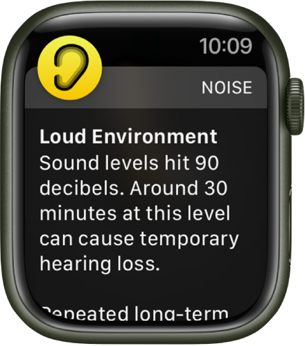 Apple Watch mostrando una notificación de ruido. El ícono de la app asociada con la notificación aparece en la esquina superior izquierda. Puedes tocarlo para abrir la app.