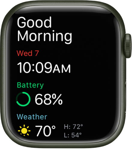 Apple Watch mostrando la pantalla del despertador. Las palabras Buenos días se muestran en la parte superior. Debajo se muestran la hora, fecha, porcentaje de batería y el clima.