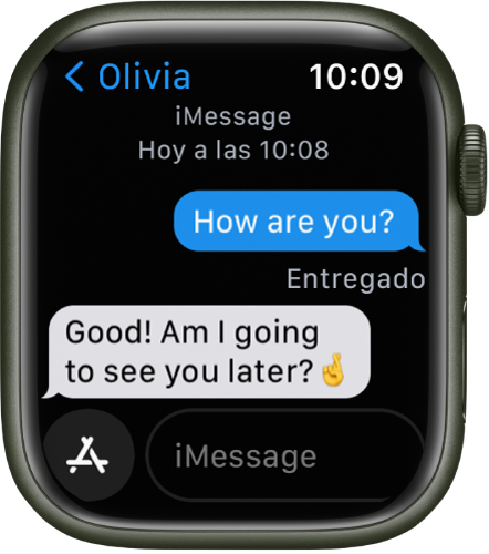 Mensajes de una conversación. El botón App y el campo de mensaje están abajo.