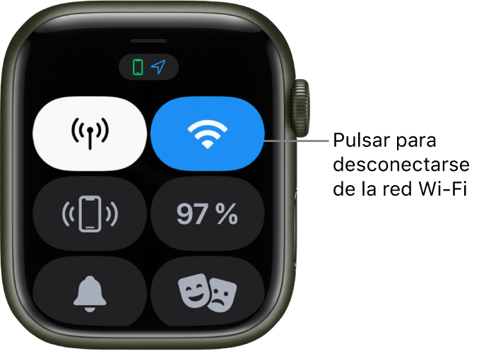 Centro de control en el Apple Watch (GPS + Cellular), con el botón Wi-Fi en la parte superior derecha. El texto indica “Desconectar de Wi-Fi”.