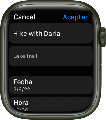 La pantalla Editar de la app Recordatorios en el Apple Watch. El nombre del recordatorio aparece en la parte superior con una descripción debajo. En la parte de abajo están la fecha y la hora a la que está programado el recordatorio. Arriba a la derecha se muestra un botón OK.